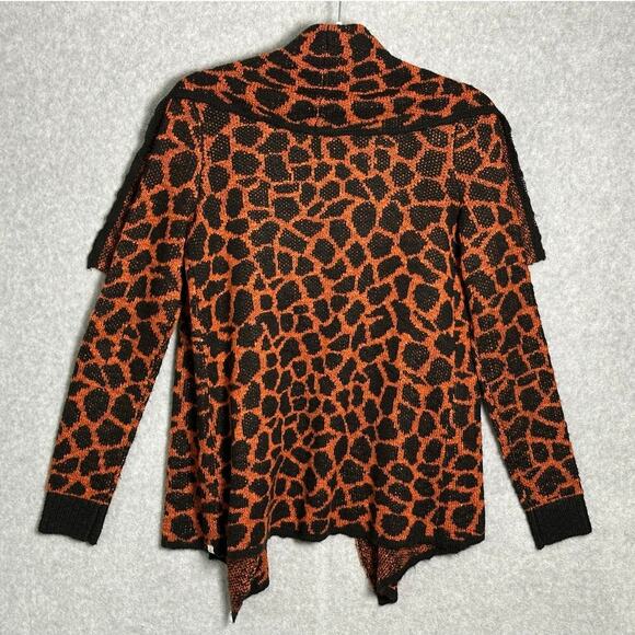 Element S Animal Print Open Front Cardigan Waterfall Flare Collar Black & Orange - Picture 2 of 13